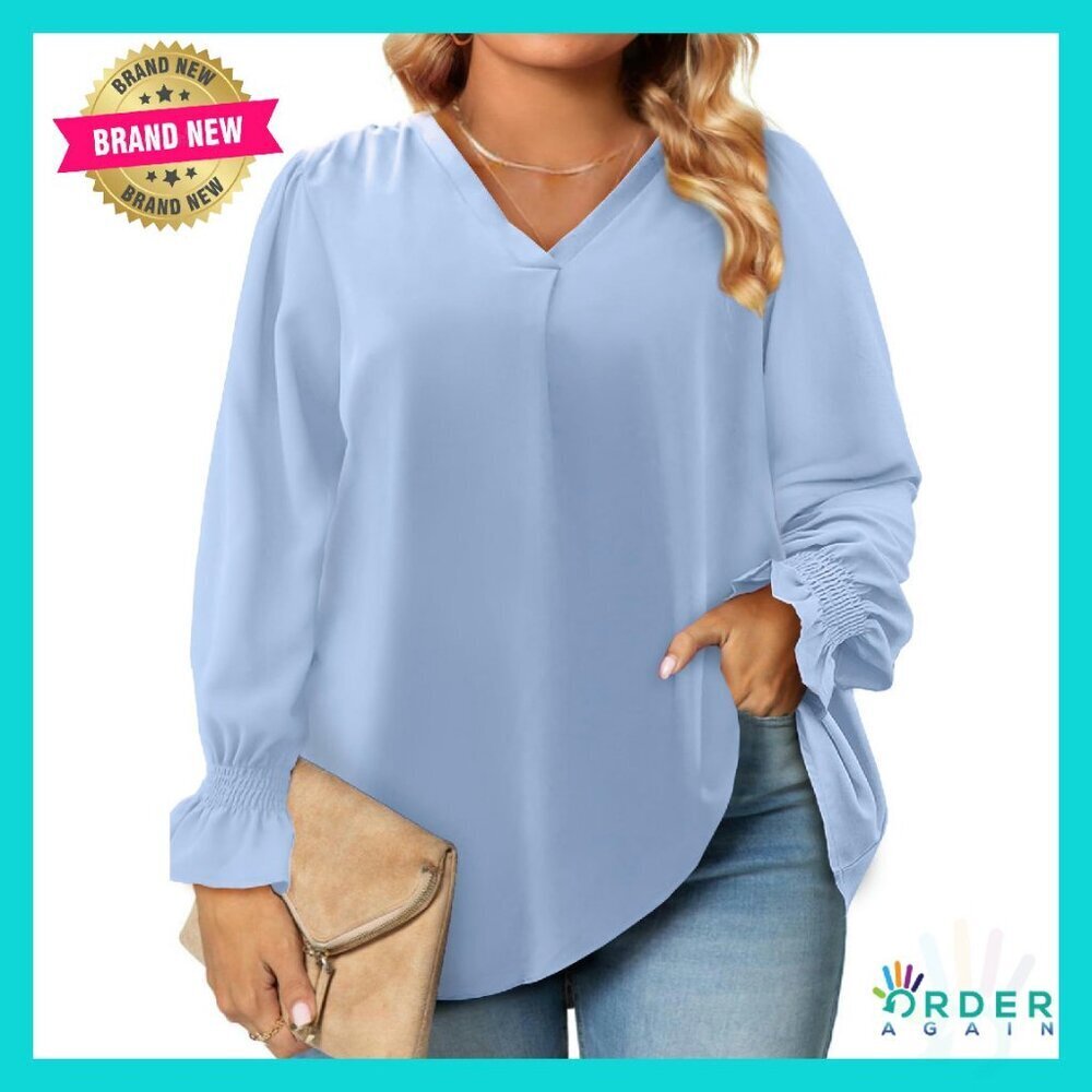 Sexy V Neck Smocked Blouse Long Sleeve Loose Fit Boho Chic Tunic